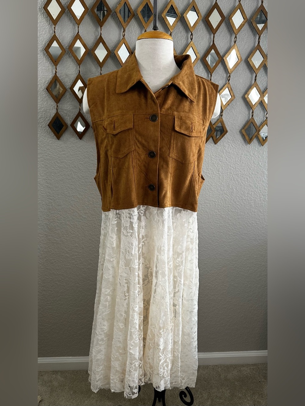 NWT Origami Boho Faux Suede & Floral Lace Duster Vest